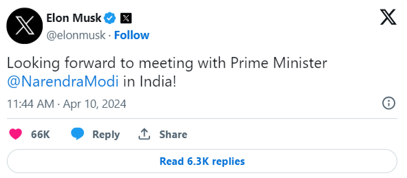 Elon Musk to Meet Indian Prime Minister Narendra Modi